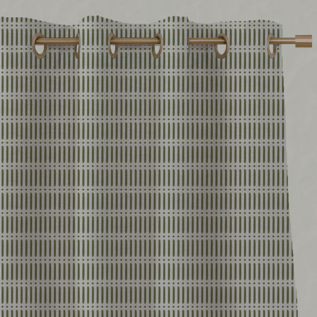 Green Patterned Linen Eyelet Curtains - Egenia Khaki - Natural base fabric.