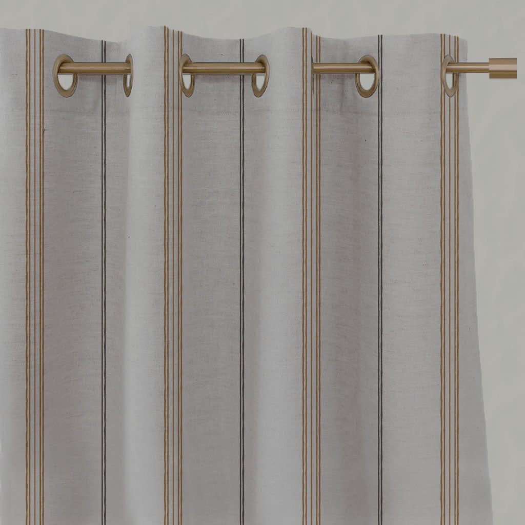 Orange / Yellow Striped Linen Eyelet Curtains - Elise Gold Ochre - Natural base fabric.