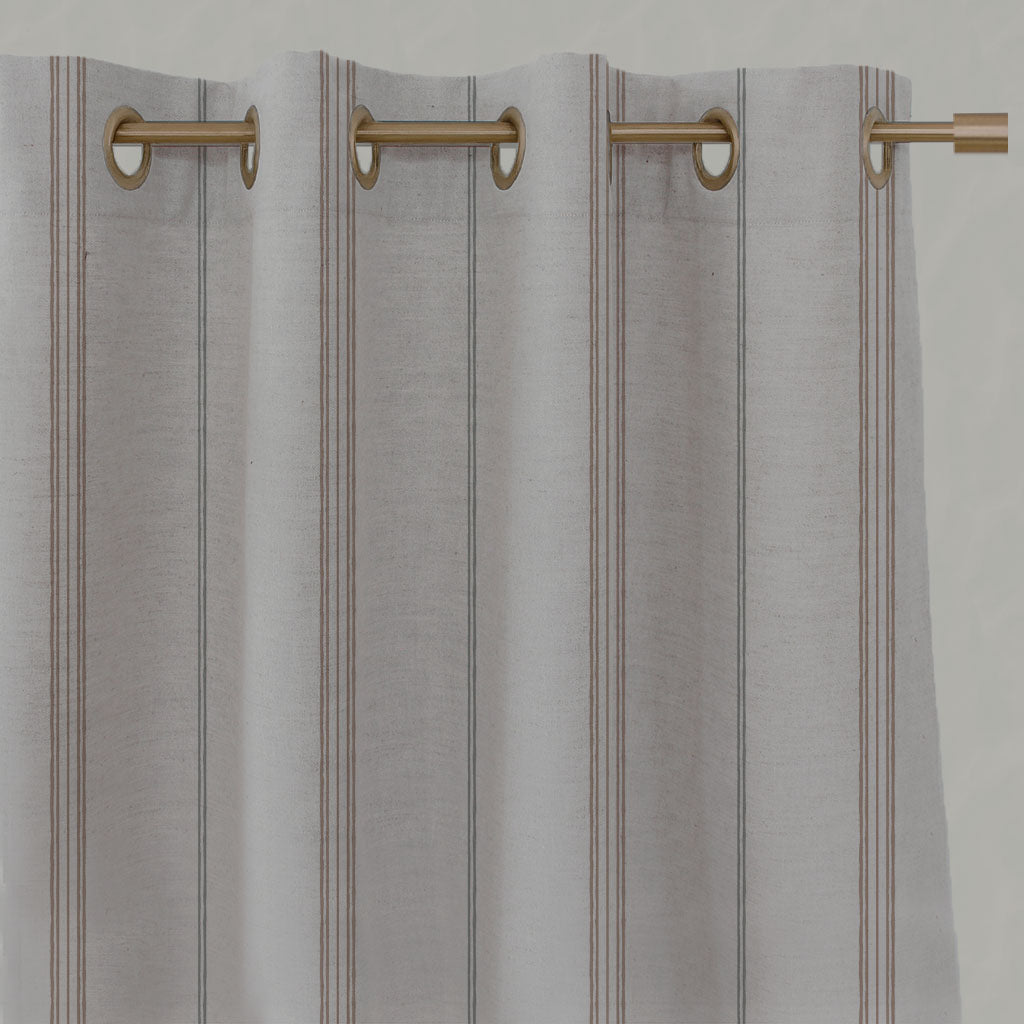 Grey / Pink Striped Linen Eyelet Curtains - Elise New Blush - Natural base fabric.
