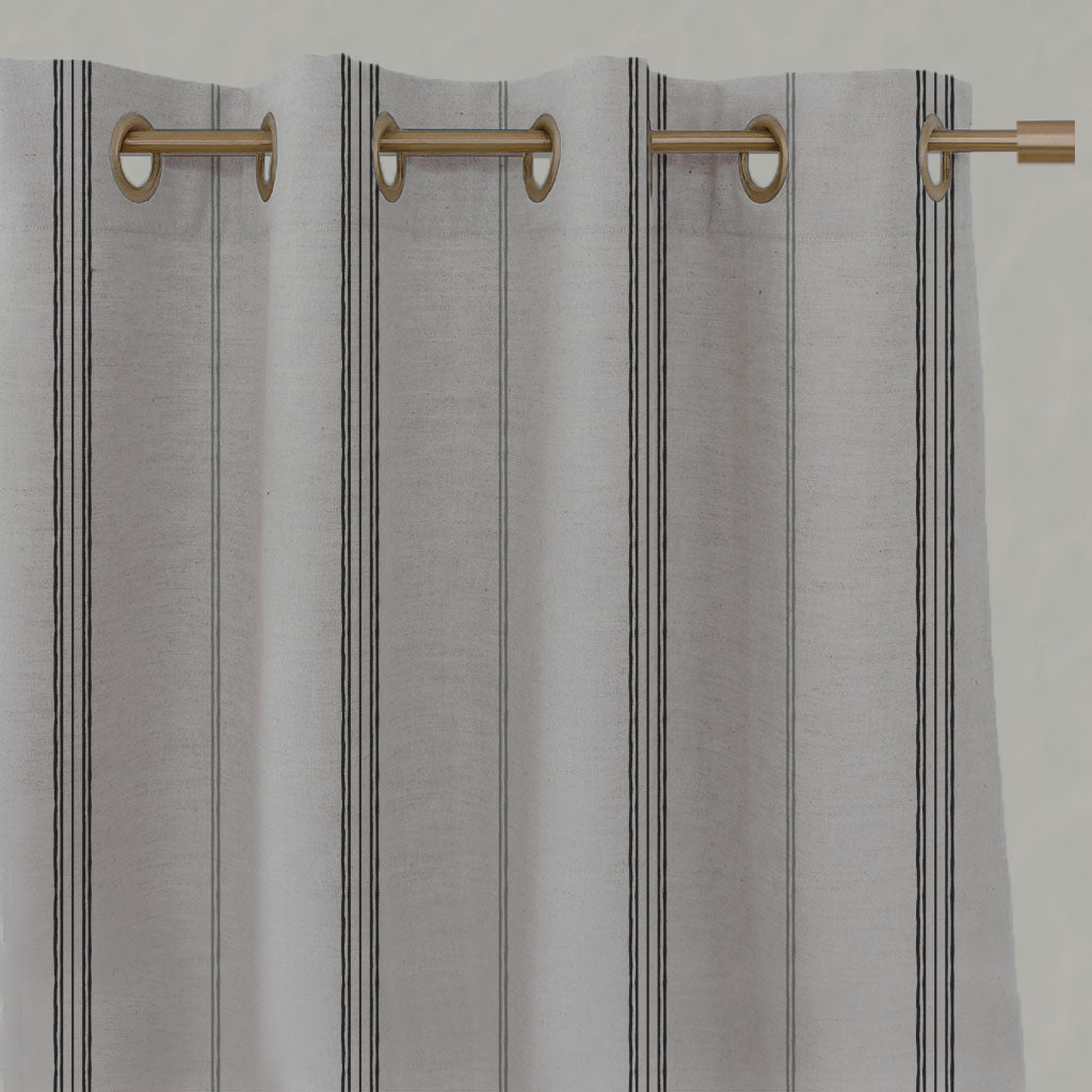 Grey / Black Striped Linen Eyelet Curtains - Elise Noir - Natural base fabric.
