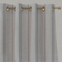 Green / Orange Striped Linen Eyelet Curtains - Elise Sage Ochre - Natural base fabric.