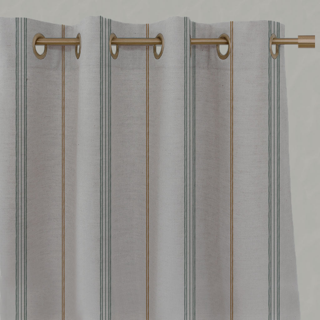 Green / Orange Striped Linen Eyelet Curtains - Elise Sage Ochre - Natural base fabric.