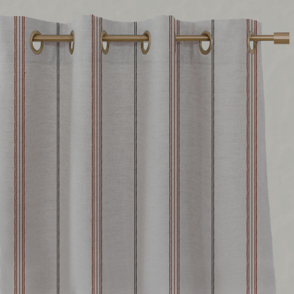 Red / Orange Striped Linen Eyelet Curtains - Elise Terracotta - Natural base fabric.