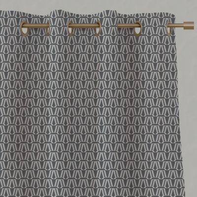 Grey Patterned Linen Eyelet Curtains - Elva Ash - Natural base fabric.