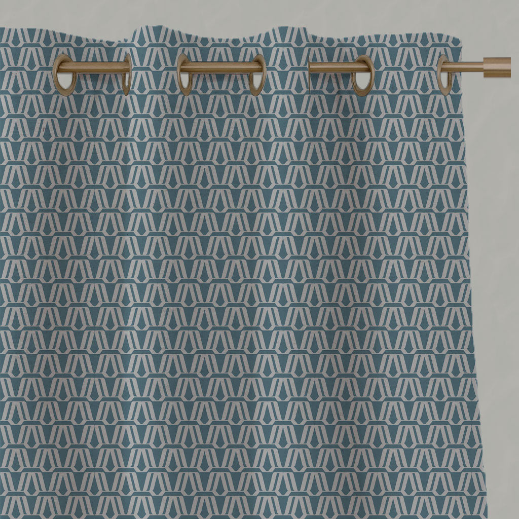 Blue Patterned Linen Eyelet Curtains - Elva Marine - Natural base fabric.