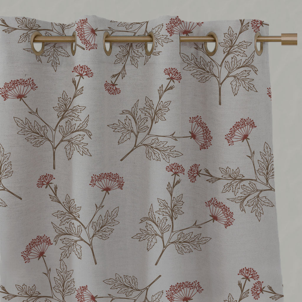 Red / Brown Botanical Linen Eyelet Curtains - Emmy Crimson Red - Natural base fabric.