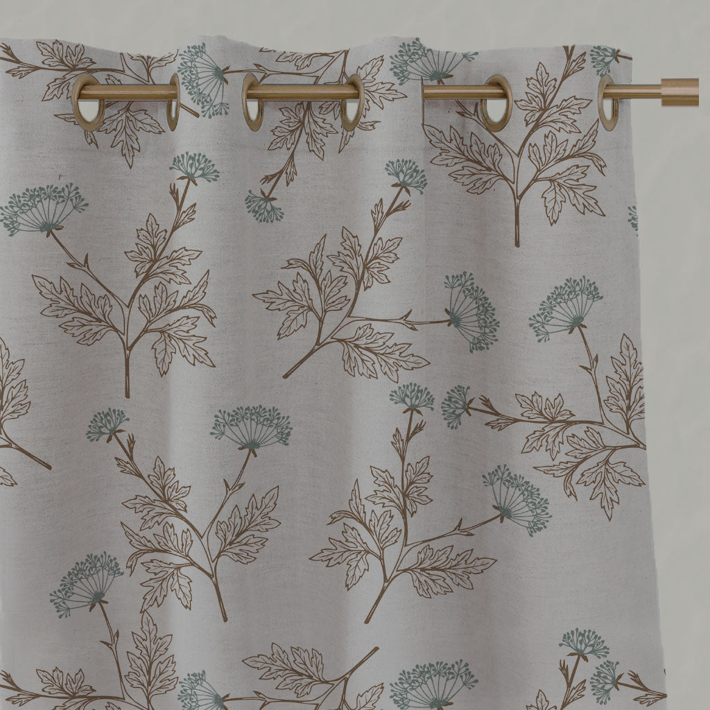 Green / Brown Botanical Linen Eyelet Curtains - Emmy Sage - Natural base fabric.