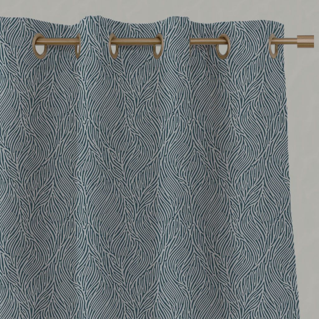 Blue Botanical Linen Eyelet Curtains - Erica Blue Stone - Natural base fabric.