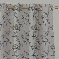 Yellow Floral Linen Eyelet Curtains - Esther Mustard - Natural base fabric.