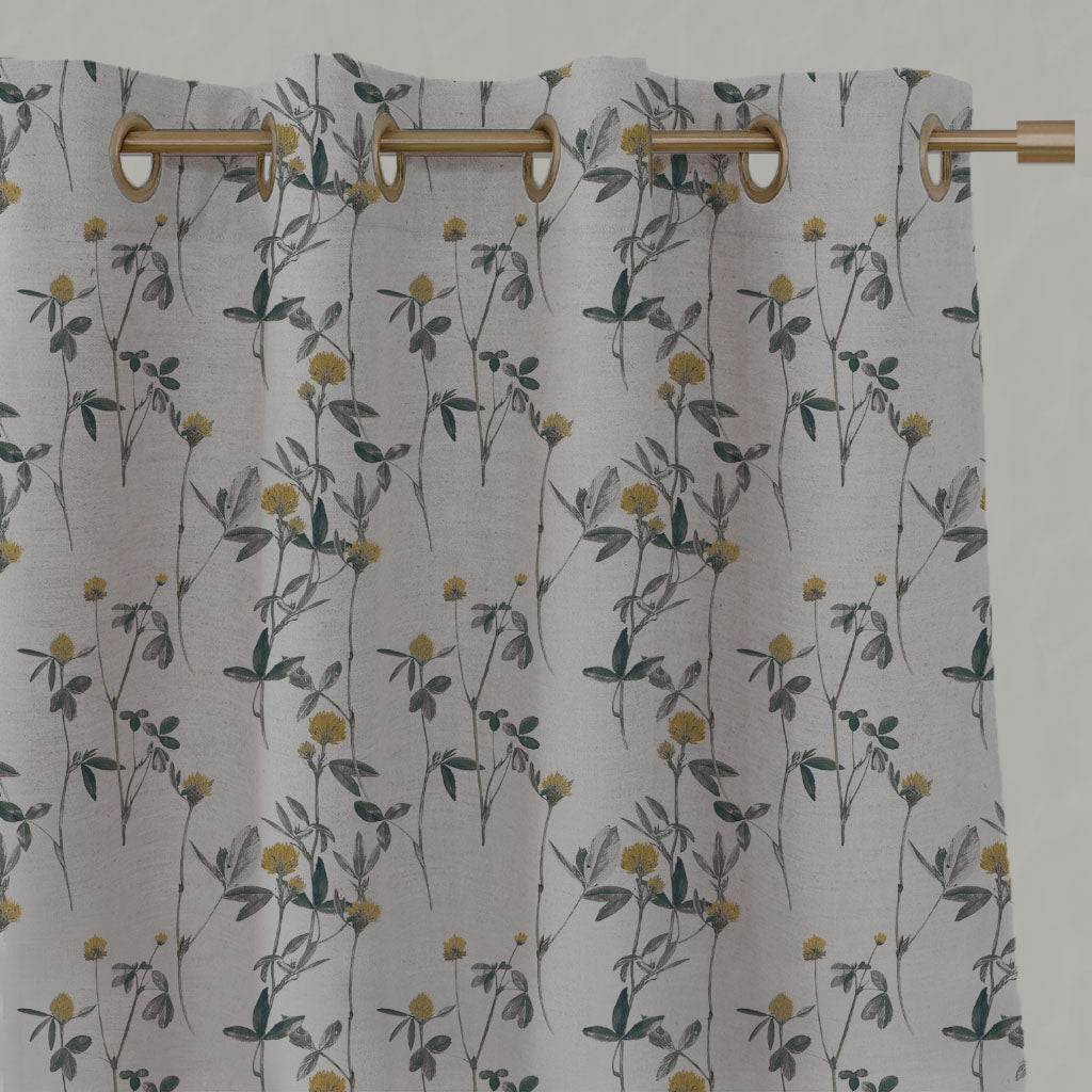 Yellow Floral Linen Eyelet Curtains - Esther Mustard - Natural base fabric.