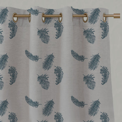 Blue Patterned Linen Eyelet Curtains - Feathers Blue Stone - Natural base fabric.