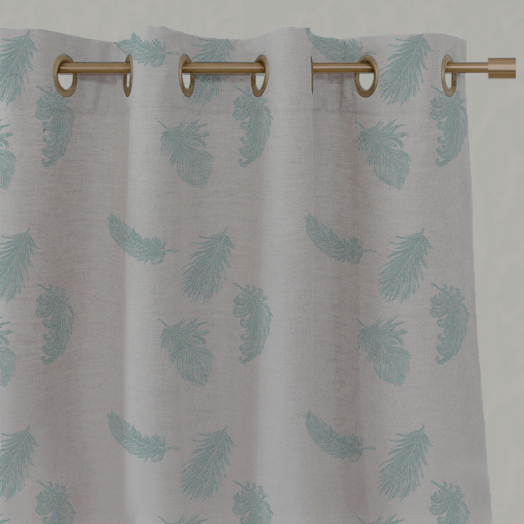 Blue Patterned Linen Eyelet Curtains - Feathers Duckegg - Natural base fabric.