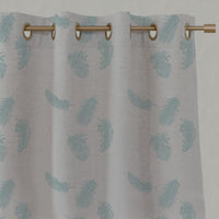 Blue Patterned Linen Eyelet Curtains - Feathers Duckegg - Natural base fabric.