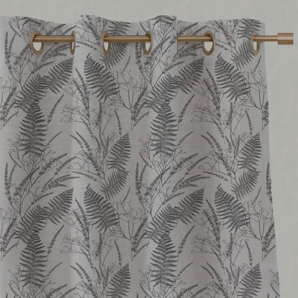 Grey Botanical Linen Eyelet Curtains - Fernia Charcoal - Natural base fabric.