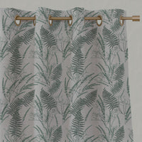 Green Botanical Linen Eyelet Curtains - Fernia Dark Pine - Natural base fabric.