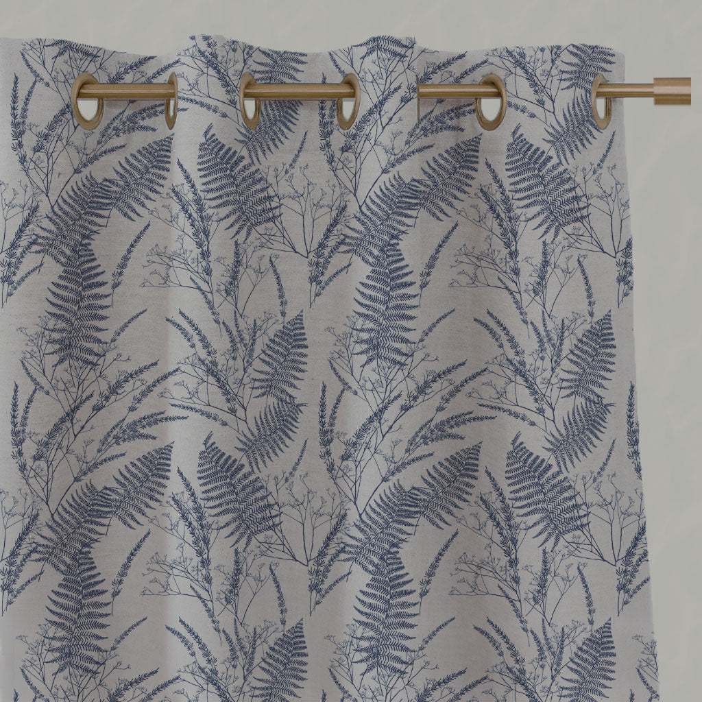 Blue Plain Linen Eyelet Curtains - Fernia Night Blue - Natural base fabric.
