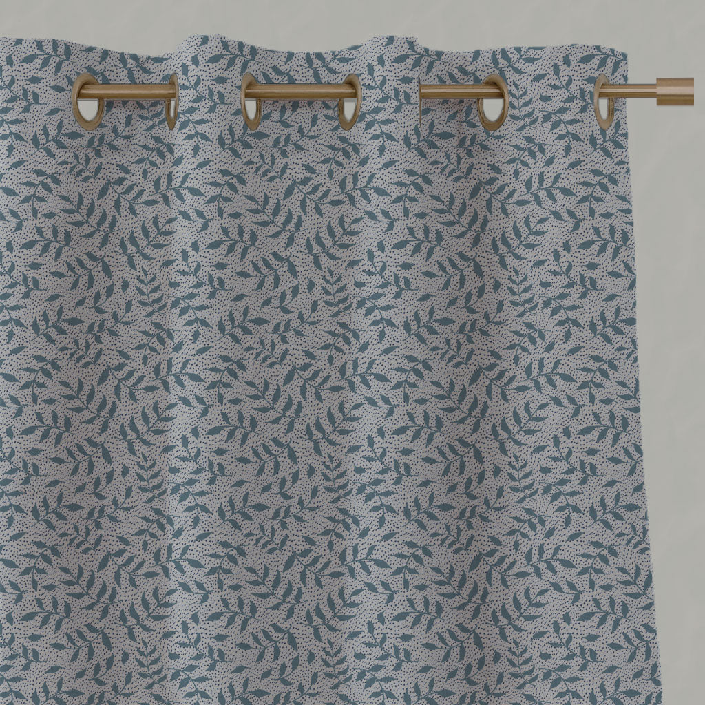 Blue Botanical Linen Eyelet Curtains - Fita Blue - Natural base fabric.
