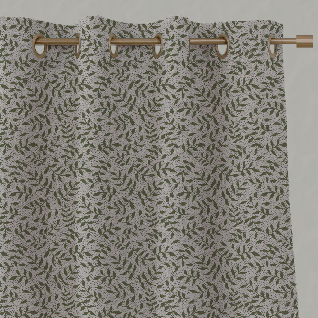 Green Botanical Linen Eyelet Curtains - Fita Khaki - Natural base fabric.