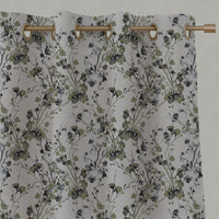 Green Floral Linen Eyelet Curtains - FlowerBliss Olive - Natural base fabric.
