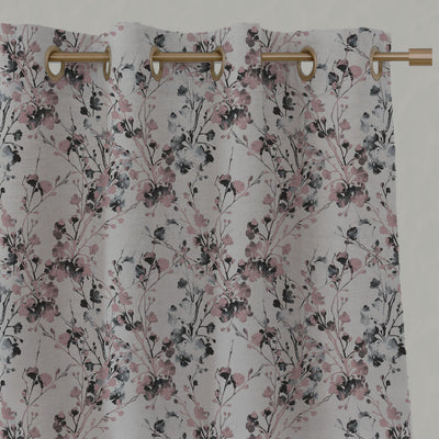Pink Floral Linen Eyelet Curtains - FlowerBliss Powder Rose - Natural base fabric.