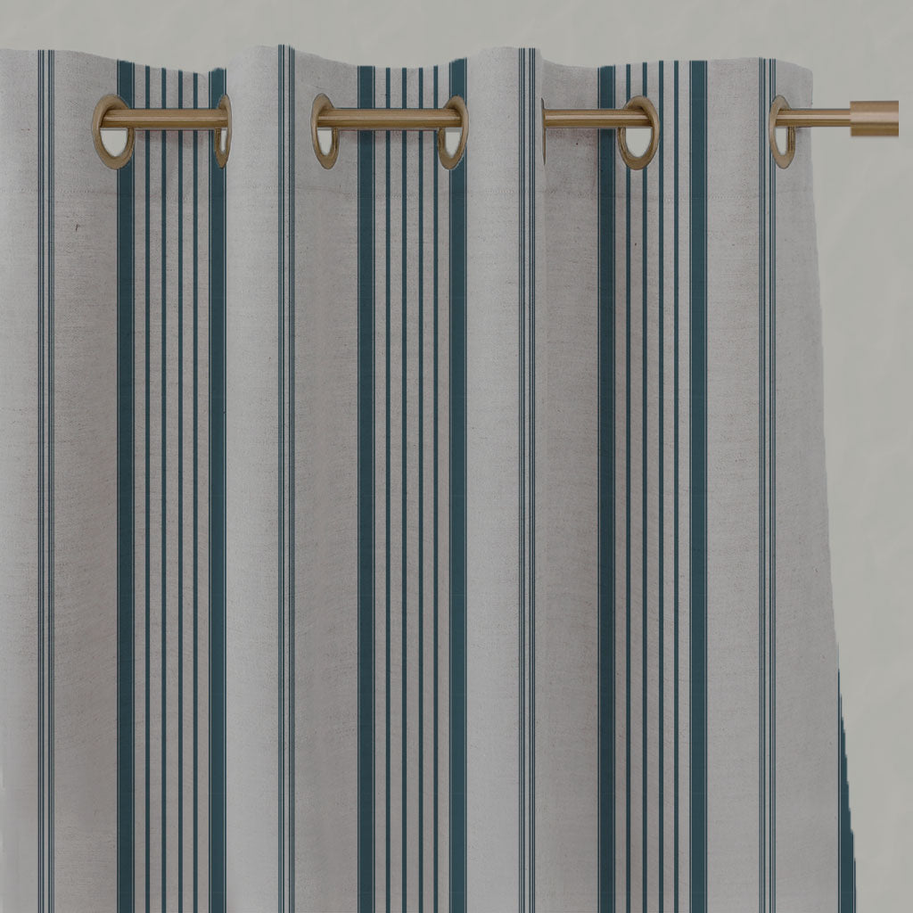 Blue Striped Linen Eyelet Curtains - Freja Blue Stone - Natural base fabric.