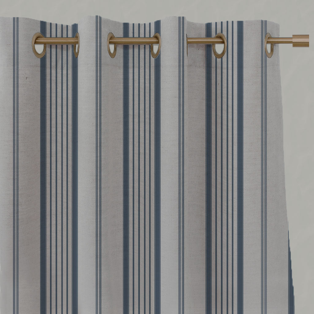 Blue Striped Linen Eyelet Curtains - Freja Denim - Natural base fabric.