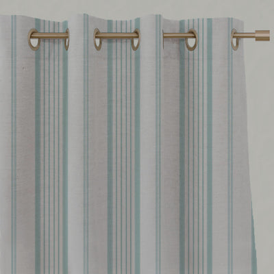 Blue Striped Linen Eyelet Curtains - Freja Duckegg - Natural base fabric.