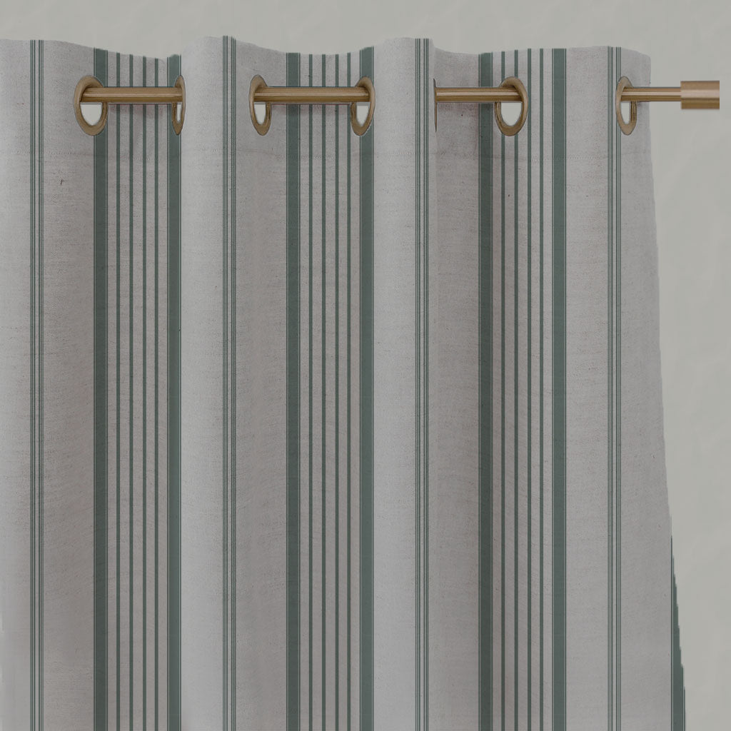 Green Striped Linen Eyelet Curtains - Freja Sage - Natural base fabric.