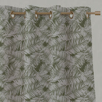 Green Patterned Linen Eyelet Curtains - Gabi Khaki - Natural base fabric.