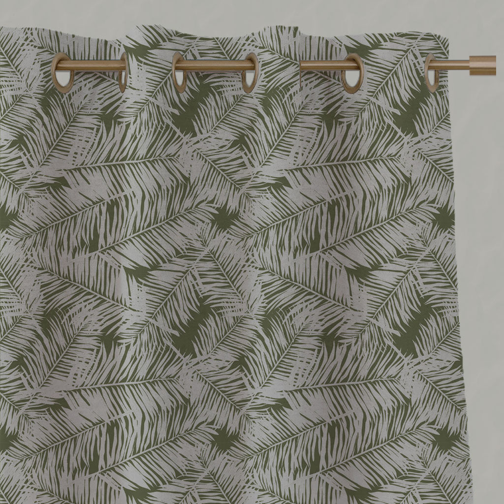 Green Patterned Linen Eyelet Curtains - Gabi Khaki - Natural base fabric.