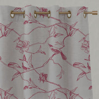 Red Floral Linen Eyelet Curtains - Gardenia Cherry - Natural base fabric.