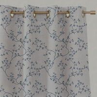 Blue Botanical Linen Eyelet Curtains - Goldfinch Denim - Natural base fabric.