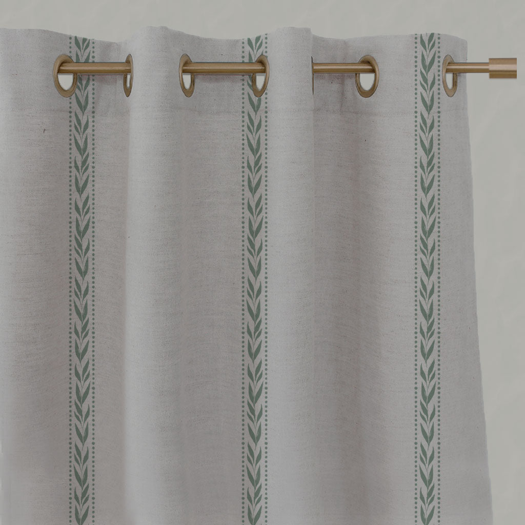 Green Botanical Linen Eyelet Curtains - Helena-NAT Jade Mist - Natural base fabric.