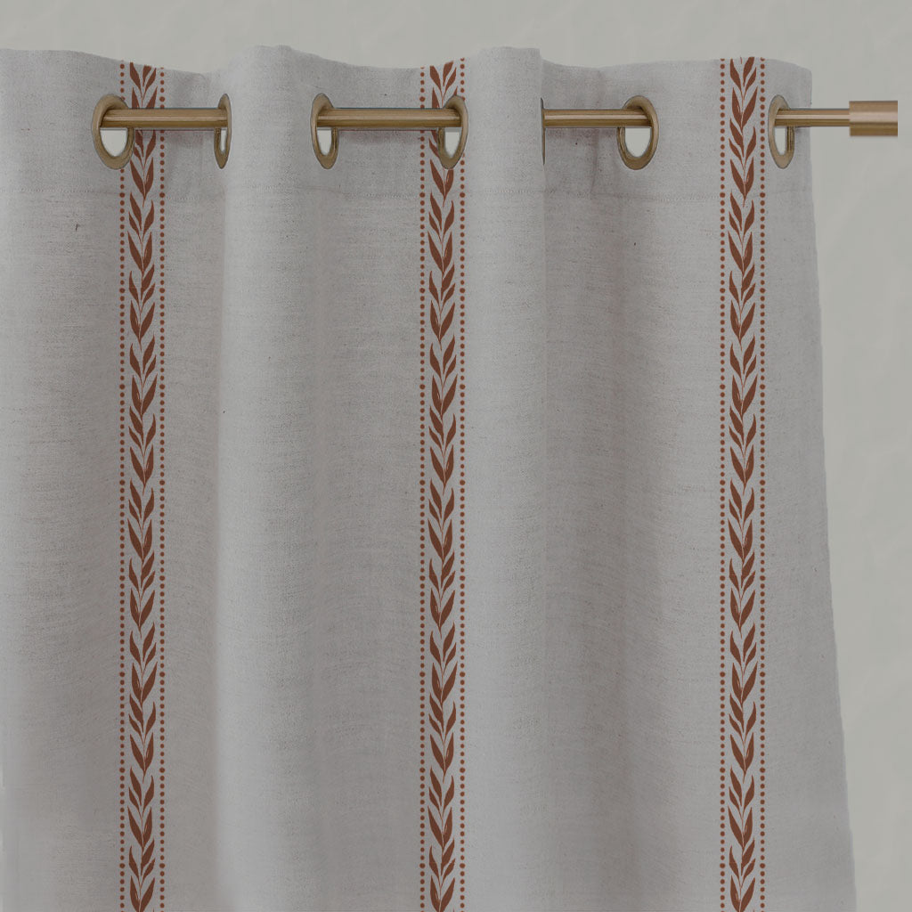 Orange Botanical Linen Eyelet Curtains - Helena-NAT Terracotta - Natural base fabric.
