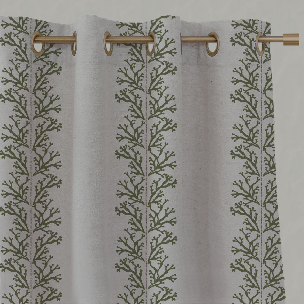 Green Patterned Linen Eyelet Curtains - Hensley Khaki - Natural base fabric.