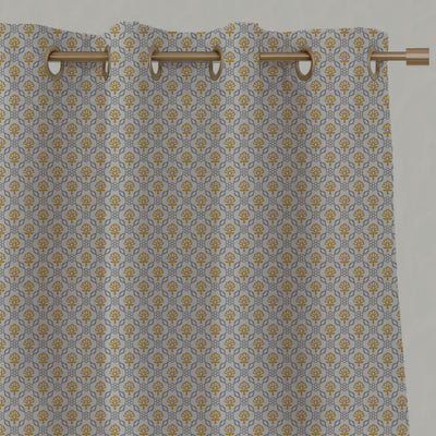 Yellow Floral Linen Eyelet Curtains - Hilla Mustard Greige - Natural base fabric.