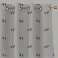 Blue Kids Linen Eyelet Curtains - Horse Blue Stone - Natural base fabric.