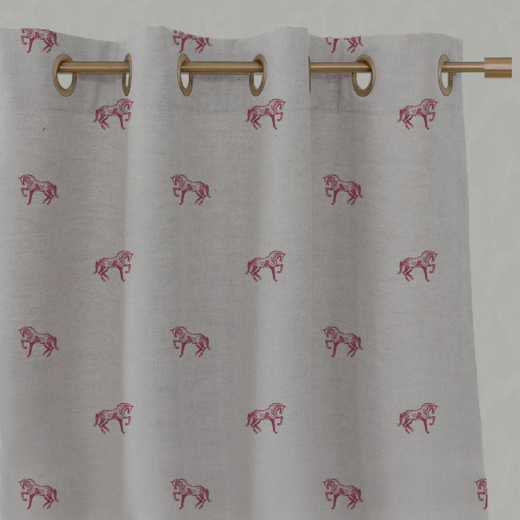 Red Kids Linen Eyelet Curtains - Horse Cherry - Natural base fabric.