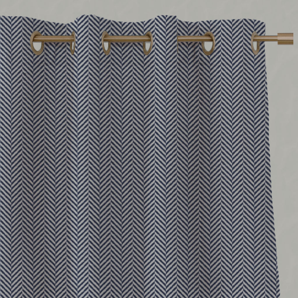 Blue Patterned Linen Eyelet Curtains - Hugo Deep Blue - Natural base fabric.