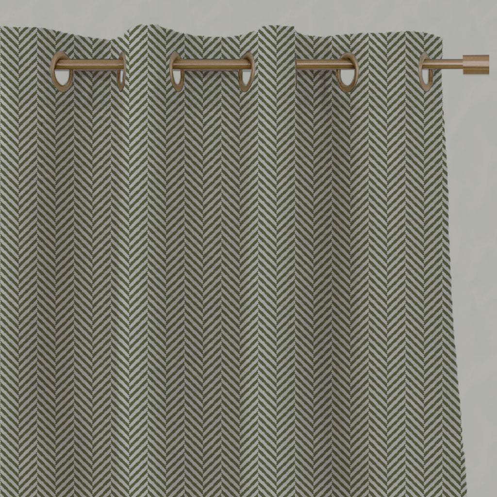 Green Patterned Linen Eyelet Curtains - Hugo Khaki - Natural base fabric.