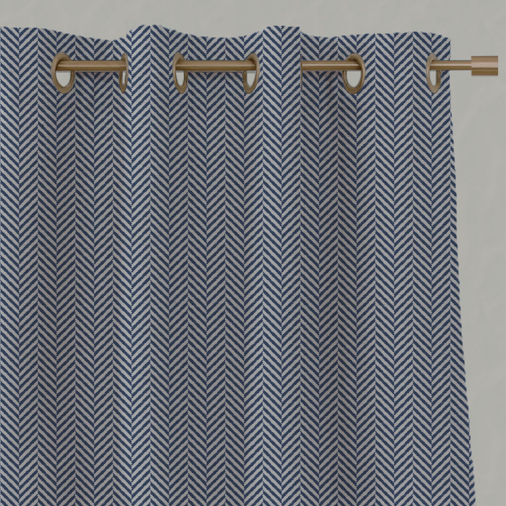 Blue Patterned Linen Eyelet Curtains - Hugo Night Blue - Natural base fabric.