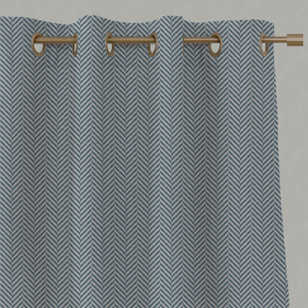 Blue Patterned Linen Eyelet Curtains - Hugo True Blue - Natural base fabric.