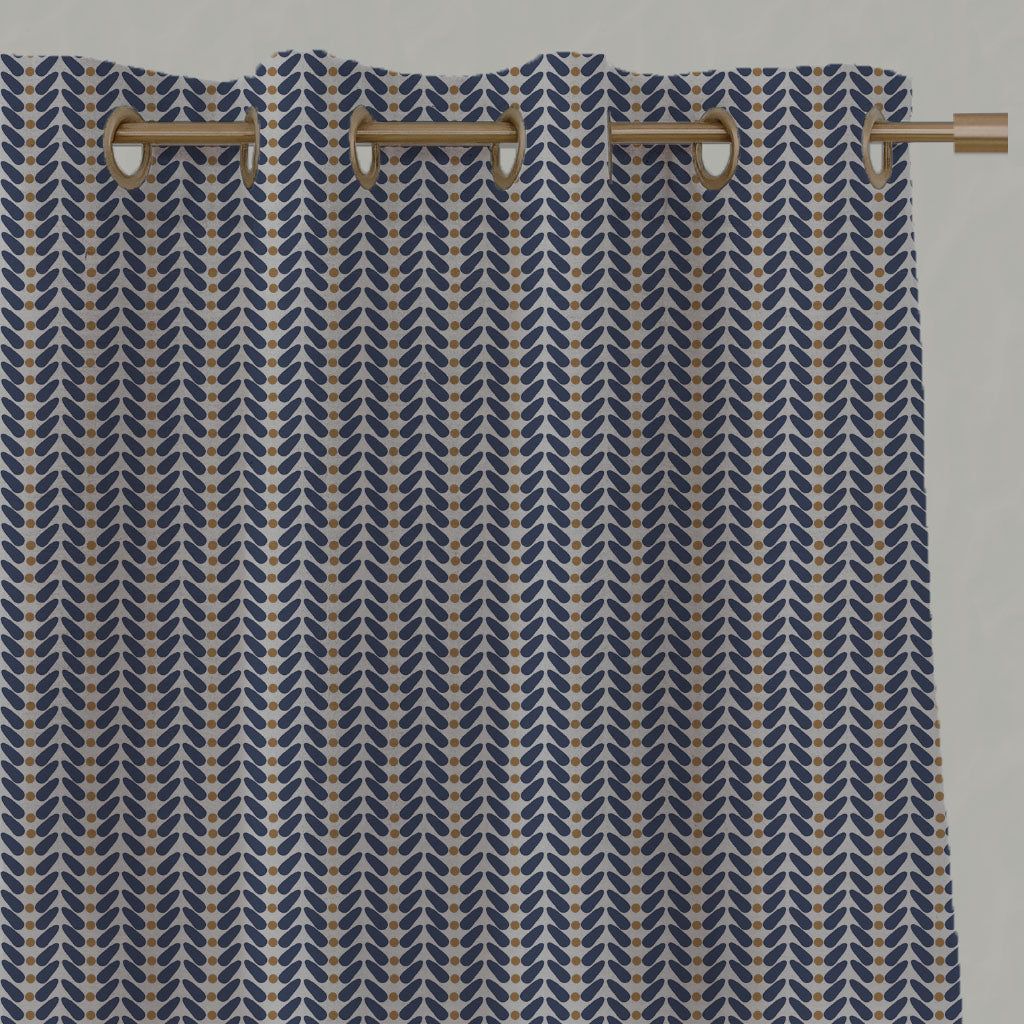Blue / Orange Patterned Linen Eyelet Curtains - Hulda Deep Blue Ochre - Natural base fabric.
