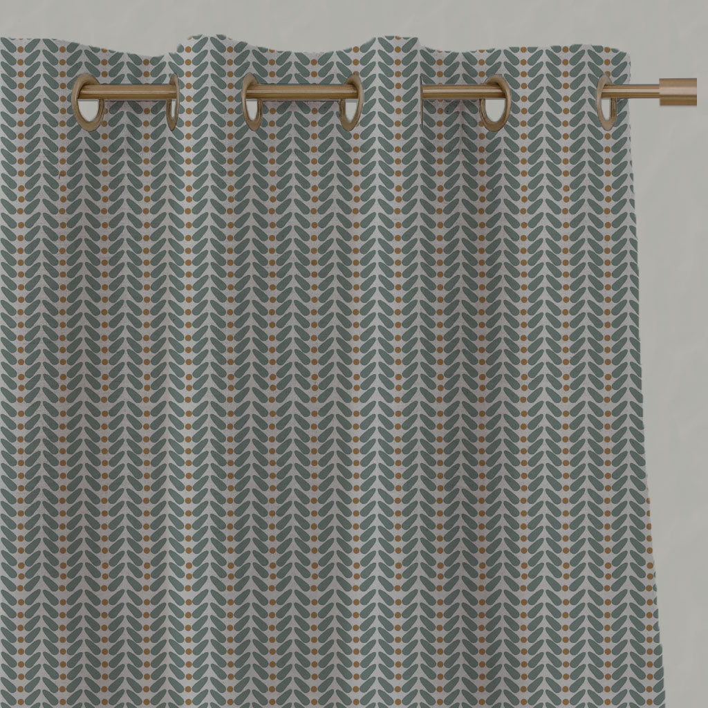 Green / Orange Patterned Linen Eyelet Curtains - Hulda Sage Ochre - Natural base fabric.