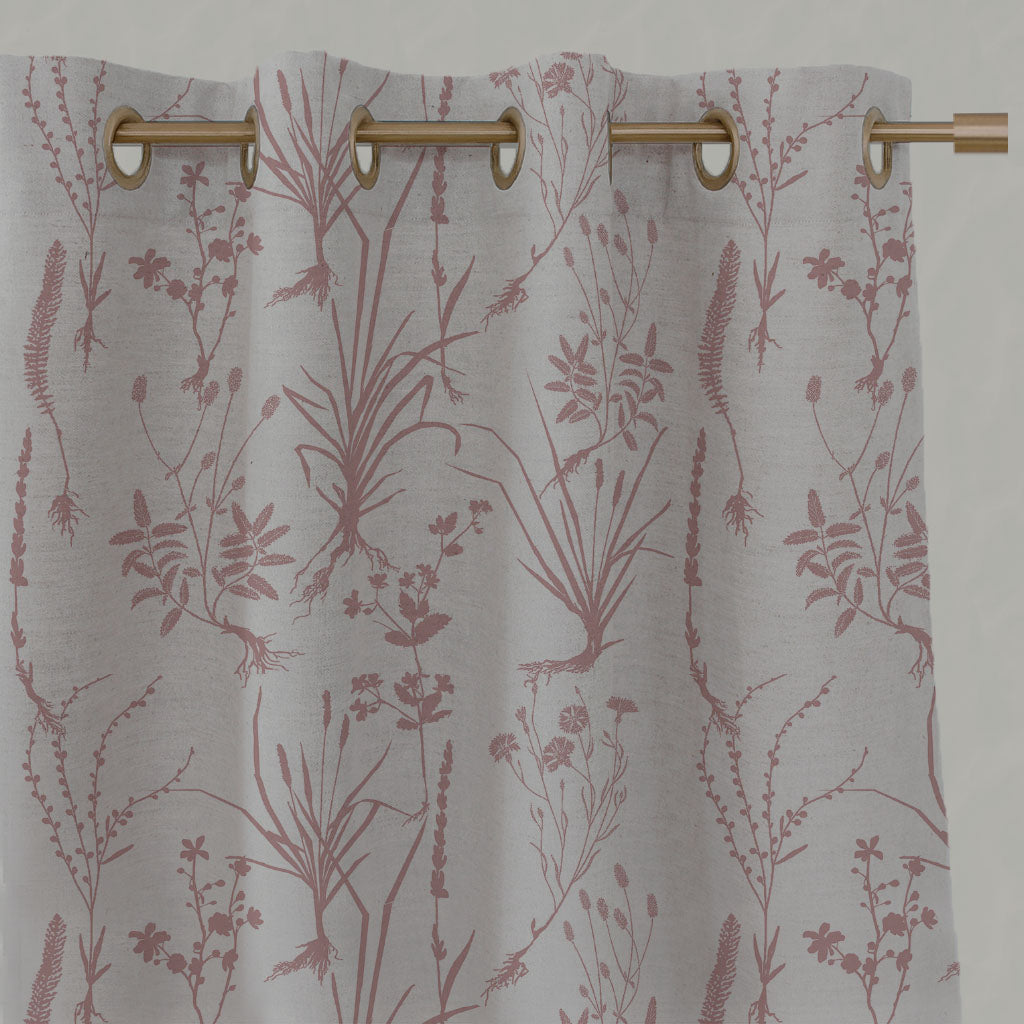 Pink Floral Linen Eyelet Curtains - Iida Dusty Pink - Natural base fabric.