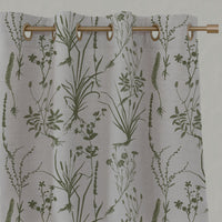Green Floral Linen Eyelet Curtains - Iida Khaki - Natural base fabric.