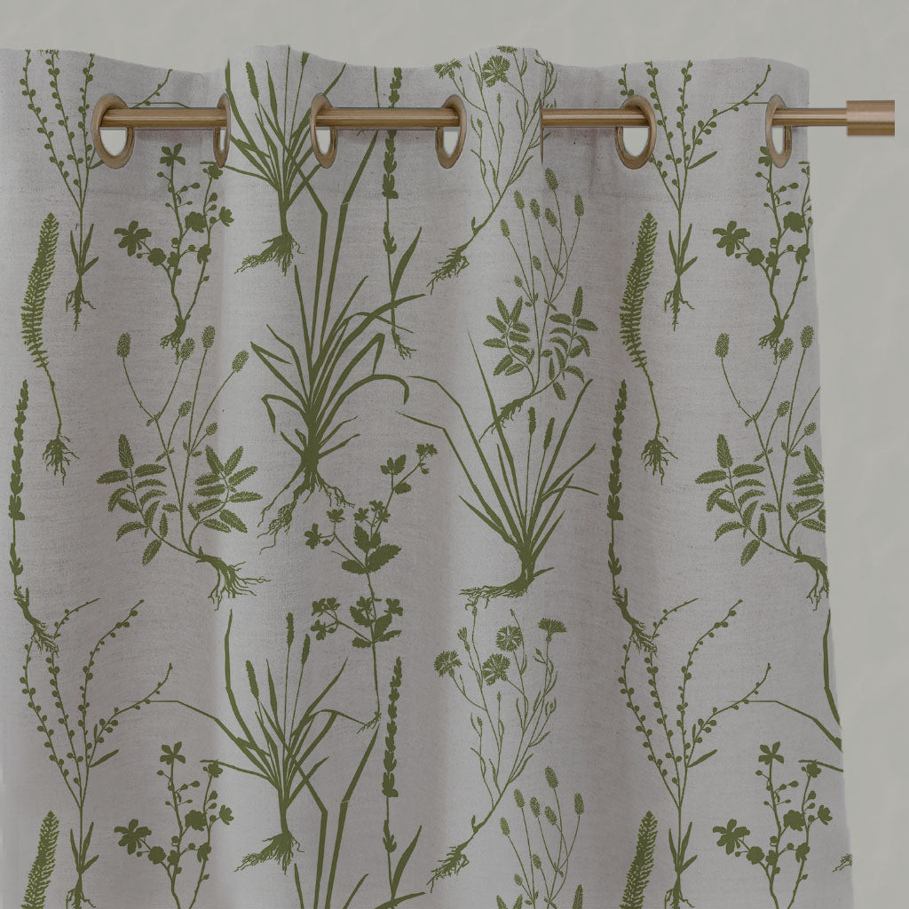 Green Floral Linen Eyelet Curtains - Iida Leaf - Natural base fabric.