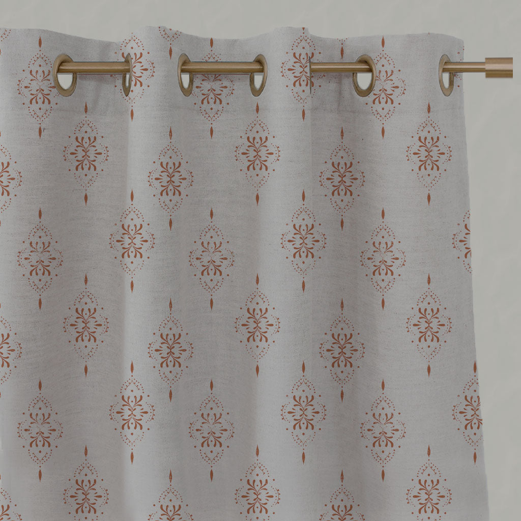 Orange Patterned Linen Eyelet Curtains - Iiris Burnt Orange - Natural base fabric.