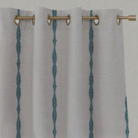 Blue Patterned Linen Eyelet Curtains - Irina Blue Stone - Natural base fabric.