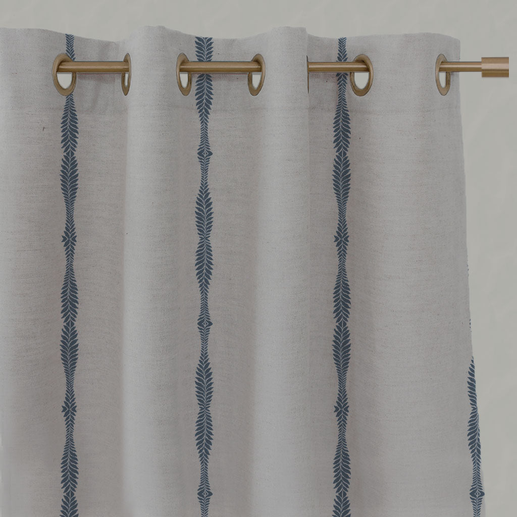 Blue Patterned Linen Eyelet Curtains - Irina Denim - Natural base fabric.